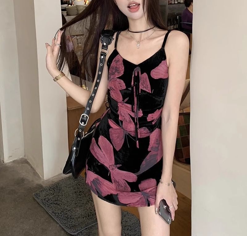 V-Neck Strap Dress Print Spaghetti (Various Floral Designs) A-Line