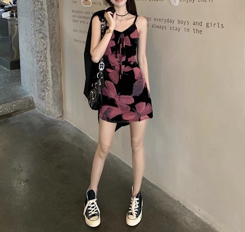 V-Neck Strap Dress Print Spaghetti (Various Floral Designs) A-Line