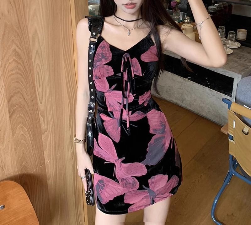 V-Neck Strap Dress Print Spaghetti (Various Floral Designs) A-Line