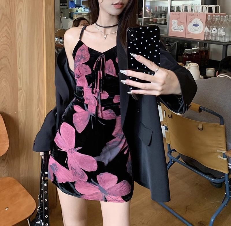 V-Neck Strap Dress Print Spaghetti (Various Floral Designs) A-Line