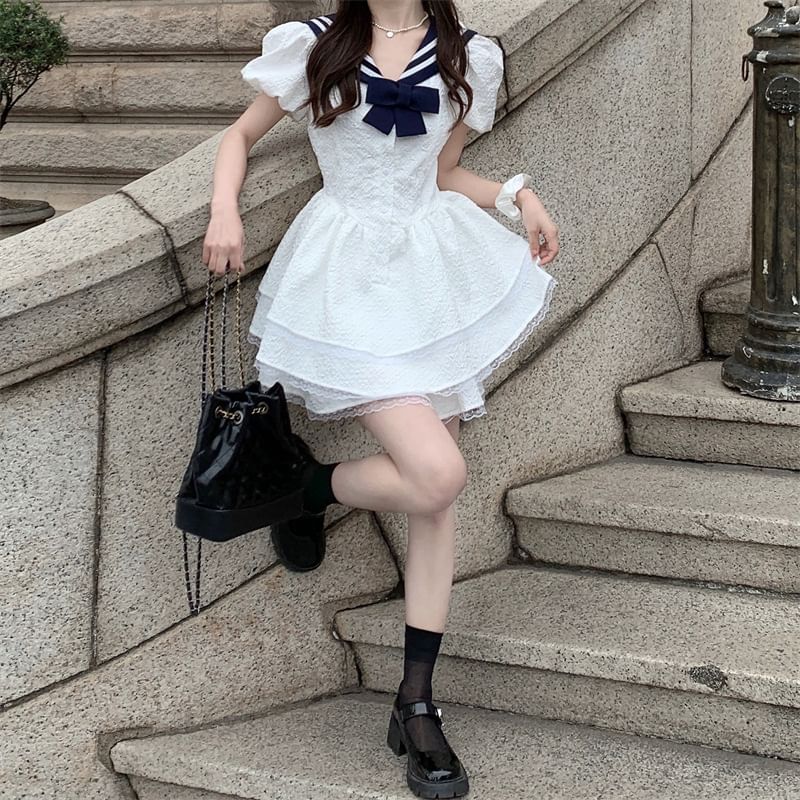 Collar Sailor Mini Dress A-Line Short-Sleeve