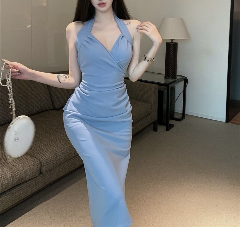 Dress Neck Halter Sheath Maxi Plain