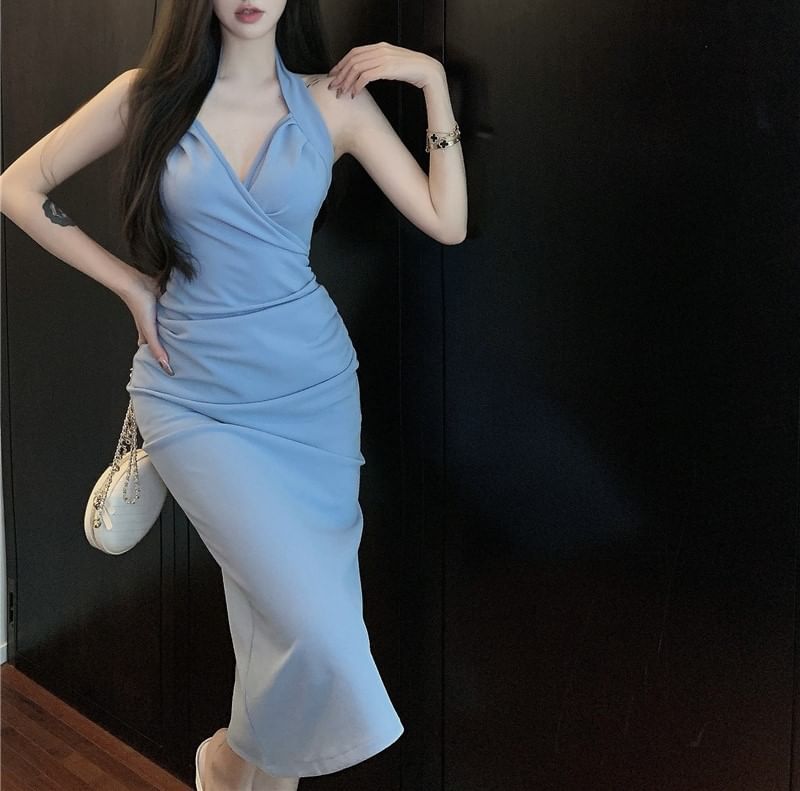 Dress Neck Halter Sheath Maxi Plain