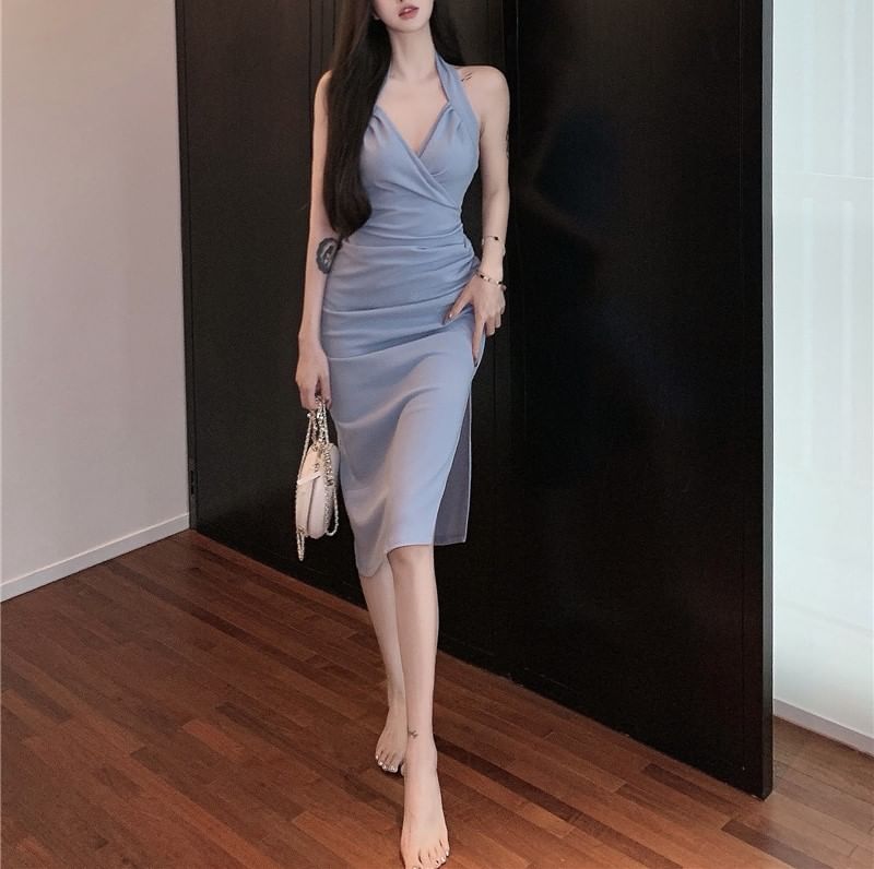 Dress Neck Halter Sheath Maxi Plain