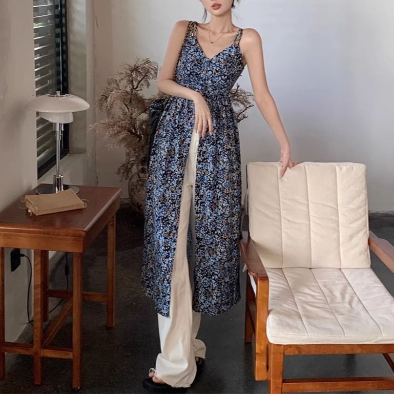 A-Line Print Dress Midi Sleeveless Floral V-Neck