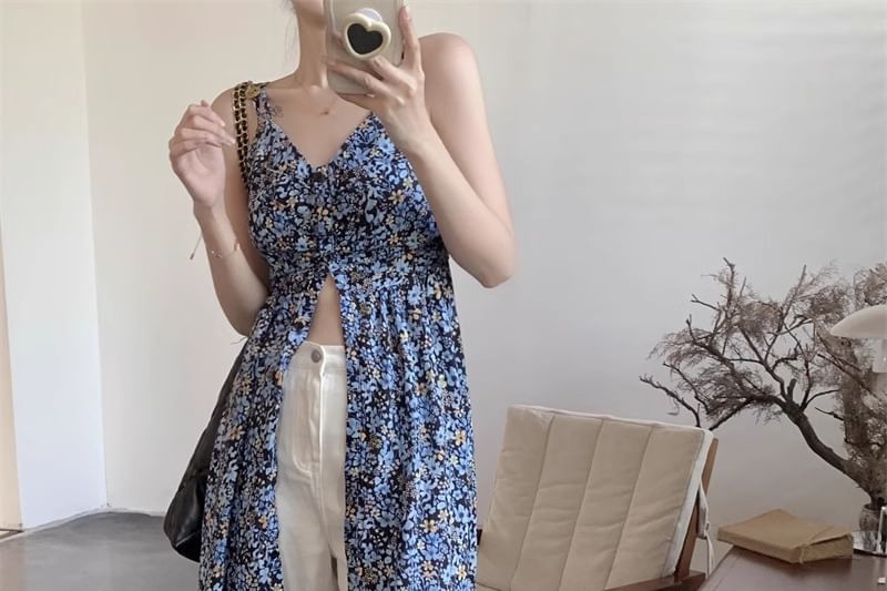A-Line Print Dress Midi Sleeveless Floral V-Neck