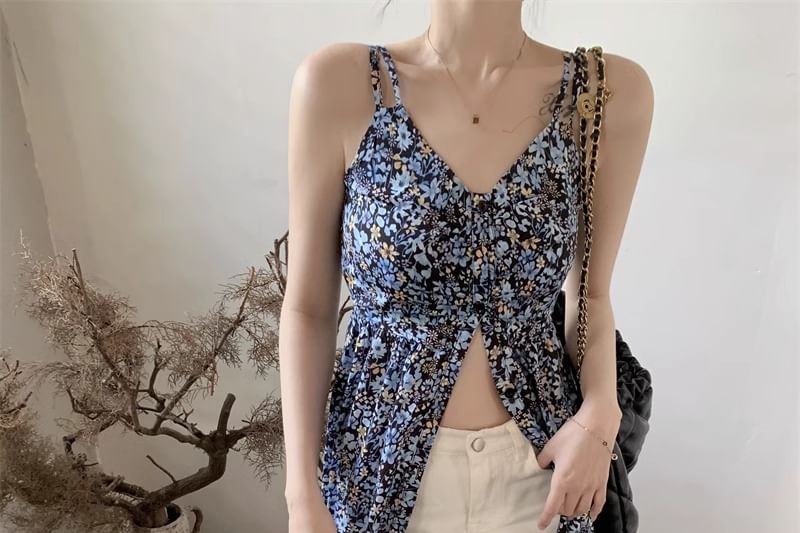 A-Line Print Dress Midi Sleeveless Floral V-Neck