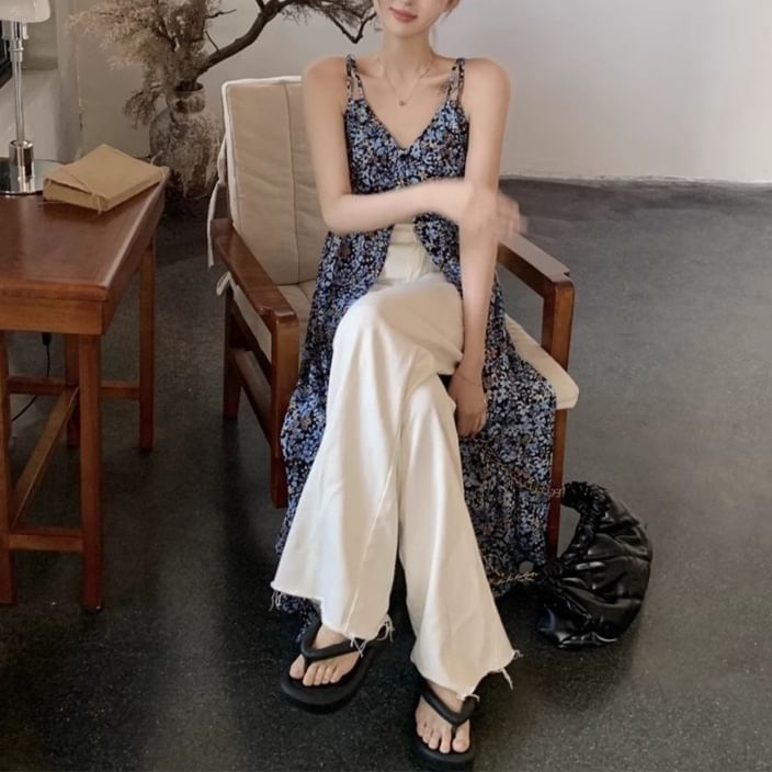 A-Line Print Dress Midi Sleeveless Floral V-Neck