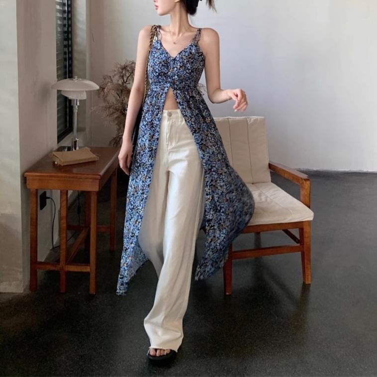 A-Line Print Dress Midi Sleeveless Floral V-Neck