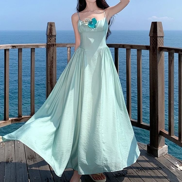 Floral A-Line Spaghetti Strap Dress Accent Maxi