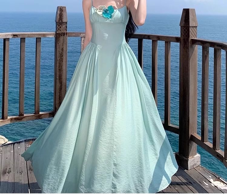 Floral A-Line Spaghetti Strap Dress Accent Maxi