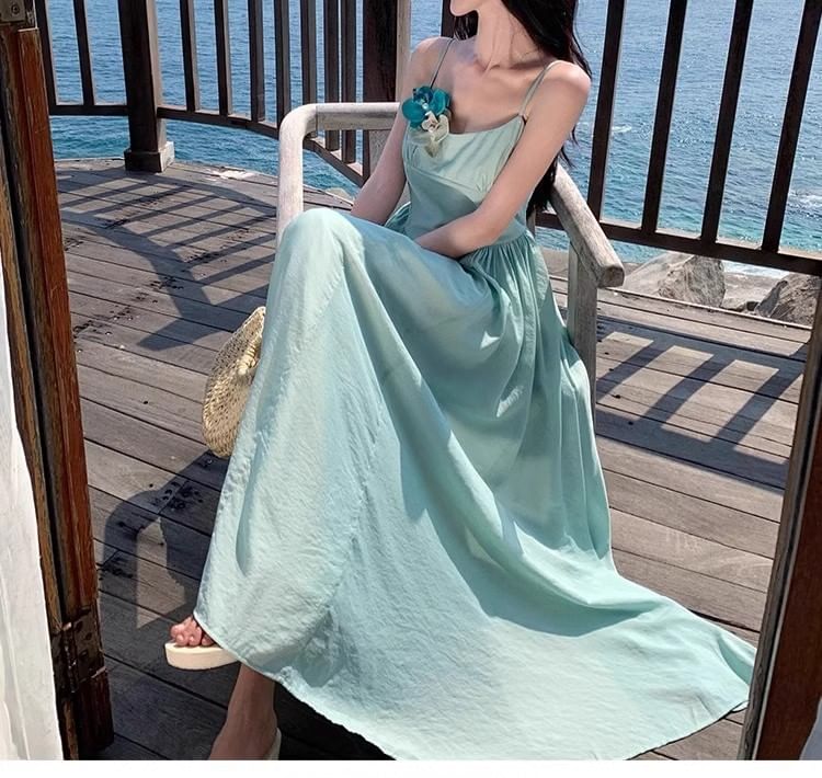 Floral A-Line Spaghetti Strap Dress Accent Maxi