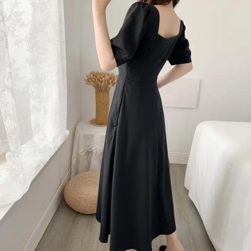 Neck Square Short-Sleeve Maxi Dress A-Line Plain