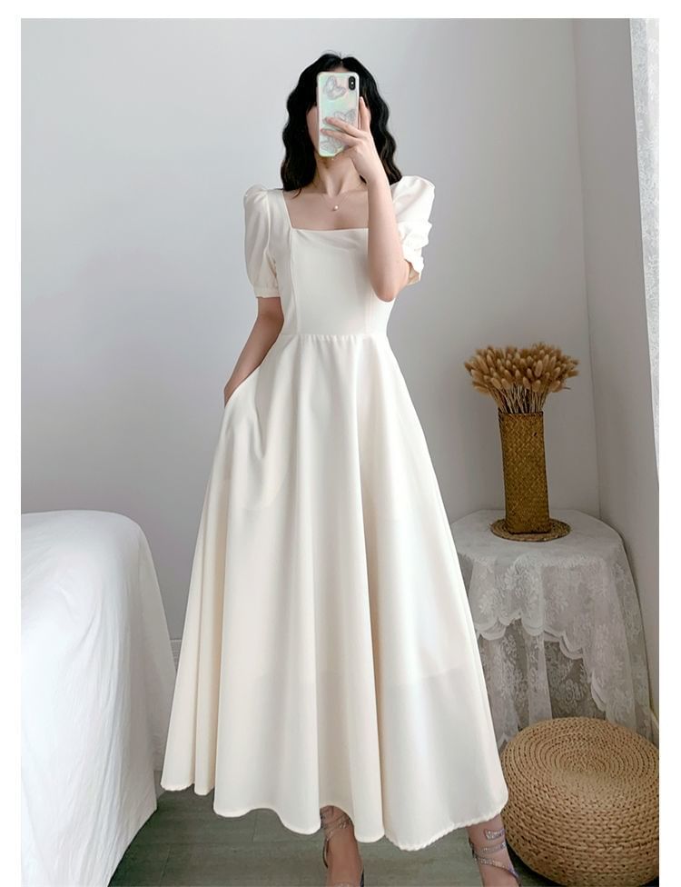 Neck Square Short-Sleeve Maxi Dress A-Line Plain