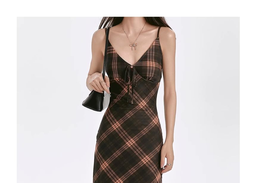 Plaid Sheath V-Neck Dress Strap Spaghetti Maxi