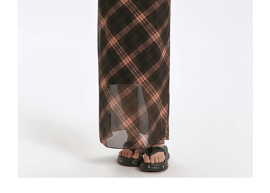 Plaid Sheath V-Neck Dress Strap Spaghetti Maxi