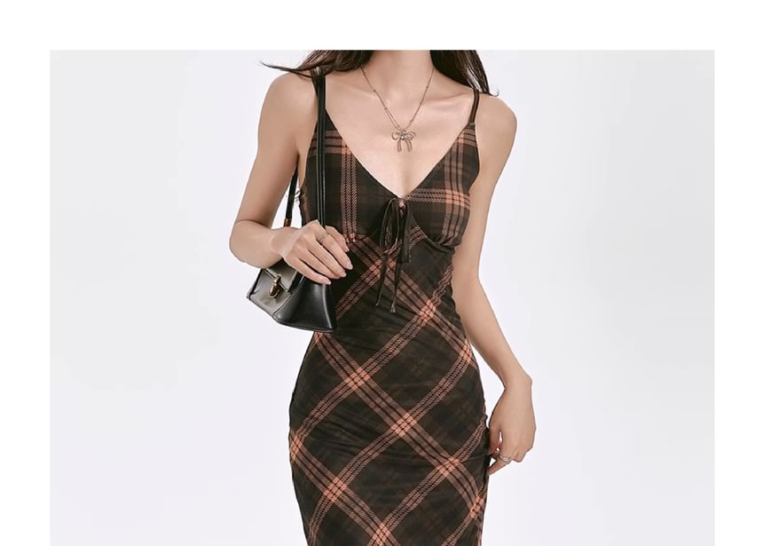 Plaid Sheath V-Neck Dress Strap Spaghetti Maxi