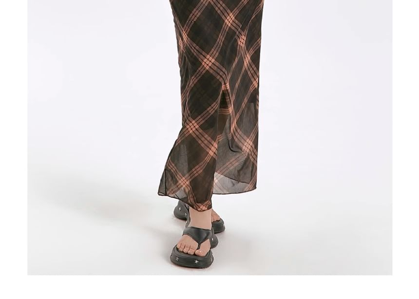 Plaid Sheath V-Neck Dress Strap Spaghetti Maxi