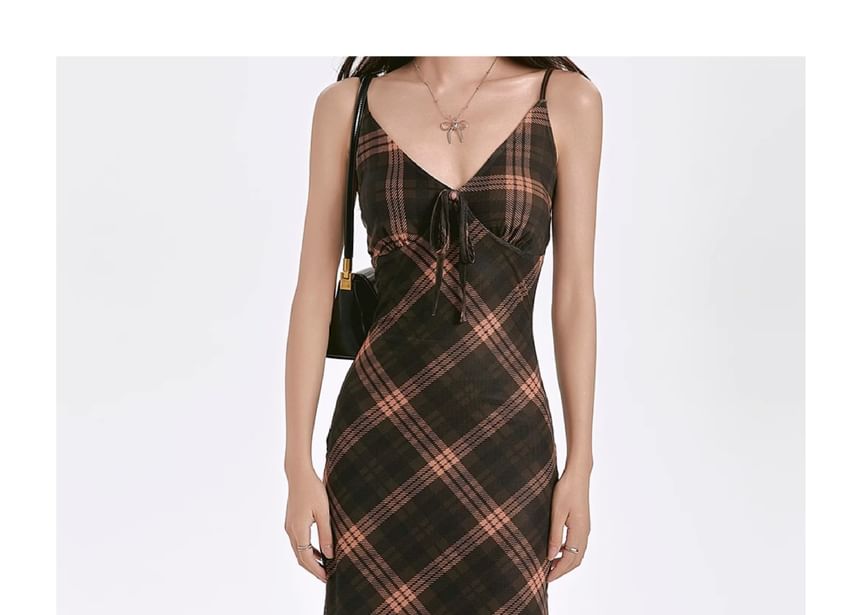 Plaid Sheath V-Neck Dress Strap Spaghetti Maxi