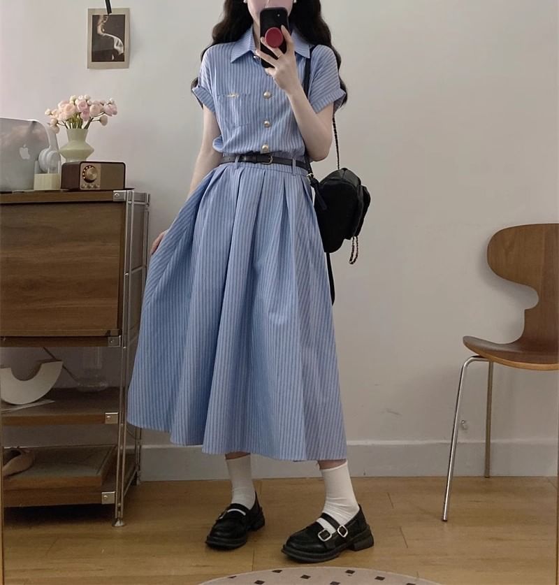 Dress Shirt A-Line Short-Sleeve Maxi Striped