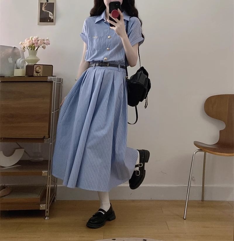 Dress Shirt A-Line Short-Sleeve Maxi Striped