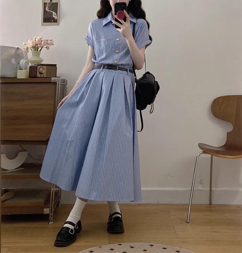 Dress Shirt A-Line Short-Sleeve Maxi Striped