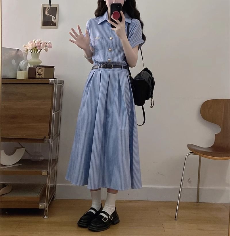 Dress Shirt A-Line Short-Sleeve Maxi Striped