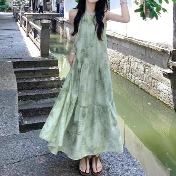 A-Line Print Dress Maxi Sleeveless