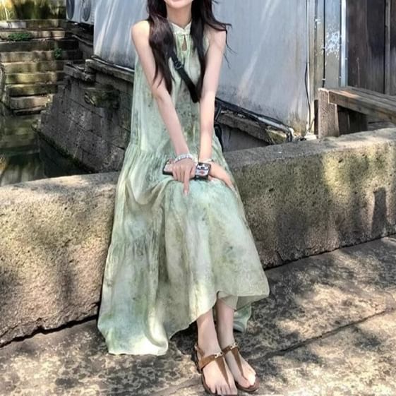 A-Line Print Dress Maxi Sleeveless