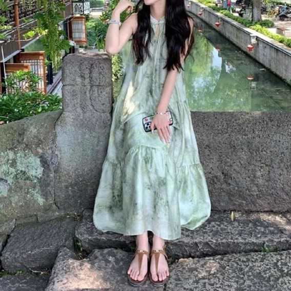 A-Line Print Dress Maxi Sleeveless