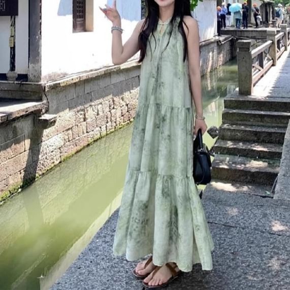 A-Line Print Dress Maxi Sleeveless