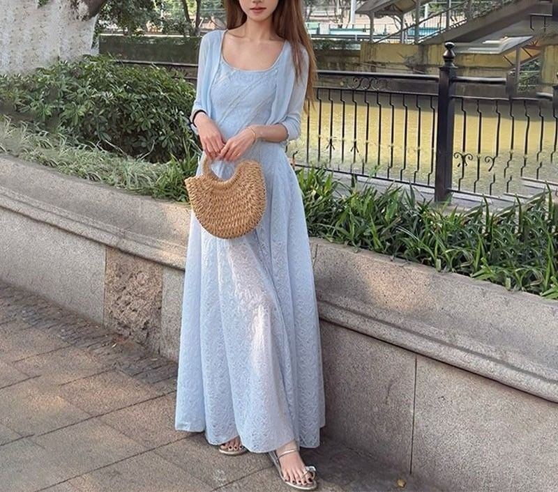 Dress Plain Neck Maxi Square Sleeveless A-Line