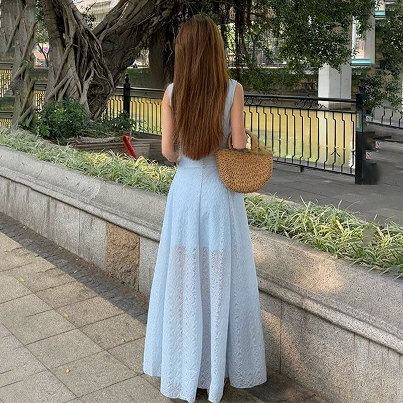 Dress Plain Neck Maxi Square Sleeveless A-Line