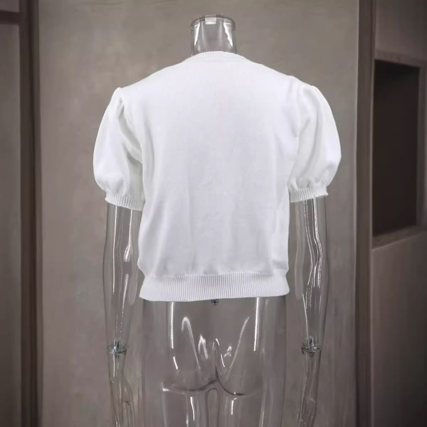 V-Neck Puff-Sleeve Crop Two Knit Accent Bow Top Tone