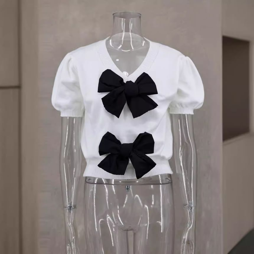 V-Neck Puff-Sleeve Crop Two Knit Accent Bow Top Tone