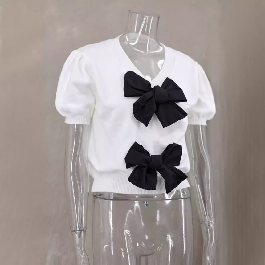 V-Neck Puff-Sleeve Crop Two Knit Accent Bow Top Tone
