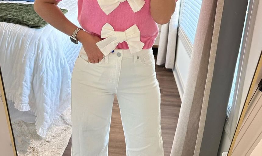 V-Neck Puff-Sleeve Crop Two Knit Accent Bow Top Tone