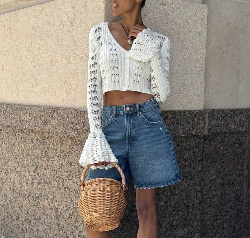 Perforated Crop Flared-Cuff Plain V-Neck Cardigan Button-Up