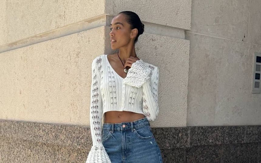 Perforated Crop Flared-Cuff Plain V-Neck Cardigan Button-Up