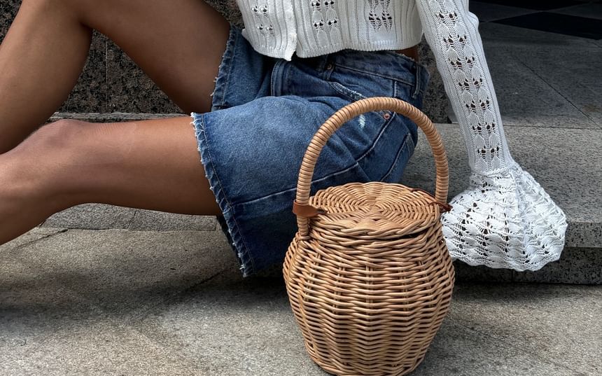 Perforated Crop Flared-Cuff Plain V-Neck Cardigan Button-Up