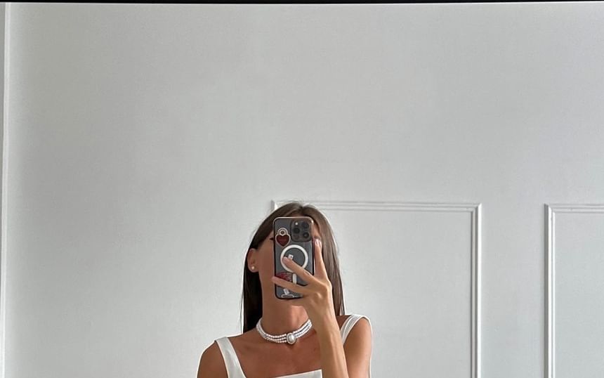 Neck A-Line Tie Mini Waist Back Open Sleeveless Plain Square Dress