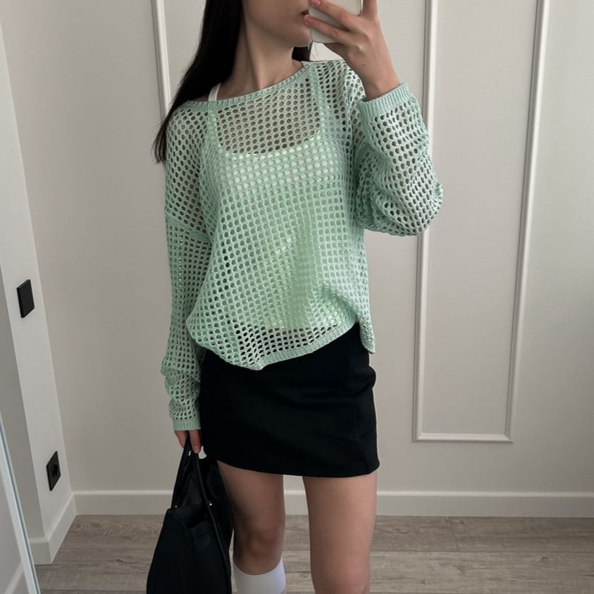 Top Perforated Knit Neck Round Plain Long-Sleeve