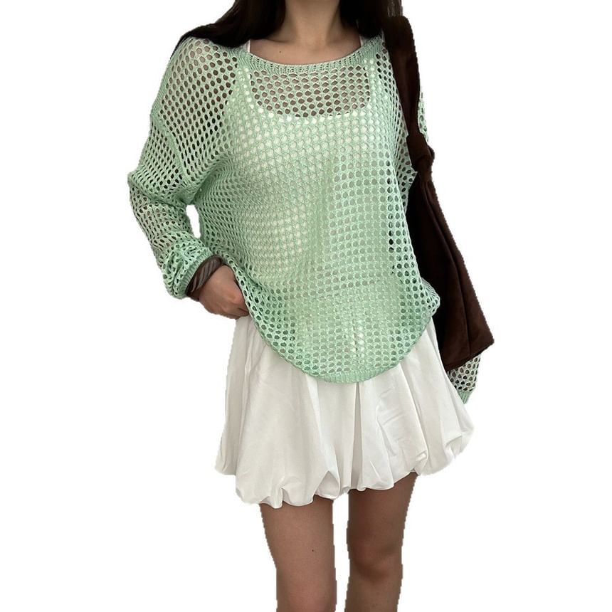 Top Perforated Knit Neck Round Plain Long-Sleeve