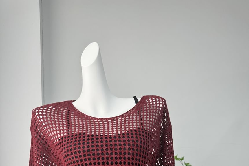 Top Perforated Knit Neck Round Plain Long-Sleeve