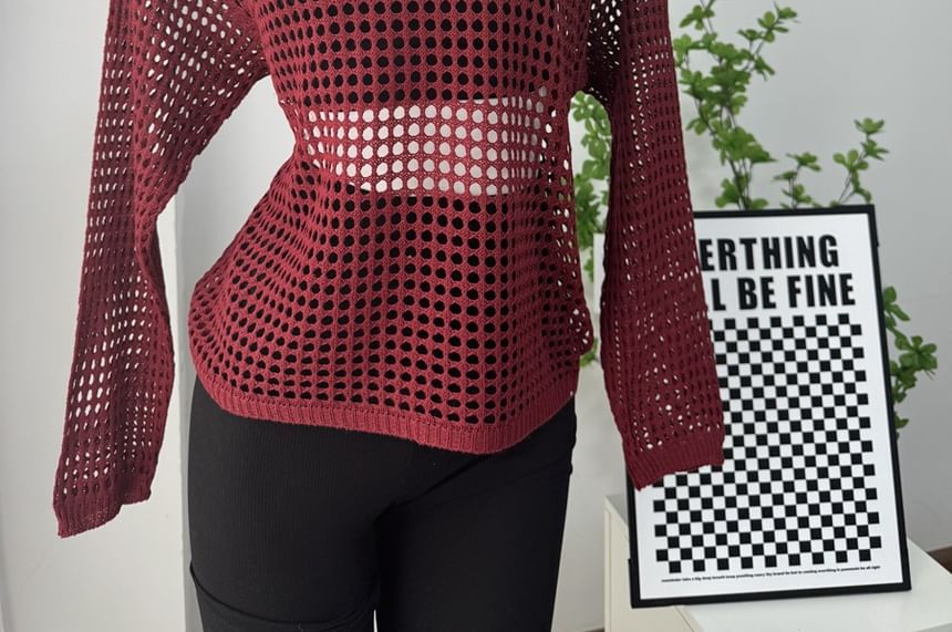 Top Perforated Knit Neck Round Plain Long-Sleeve