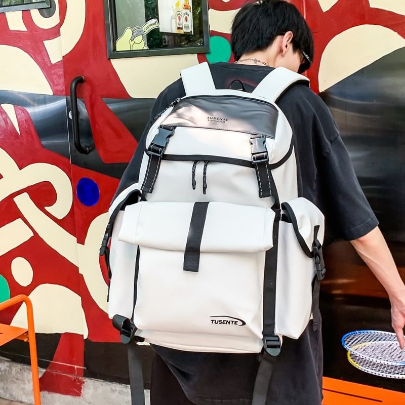 Lettering Buckled Leather Backpack Faux