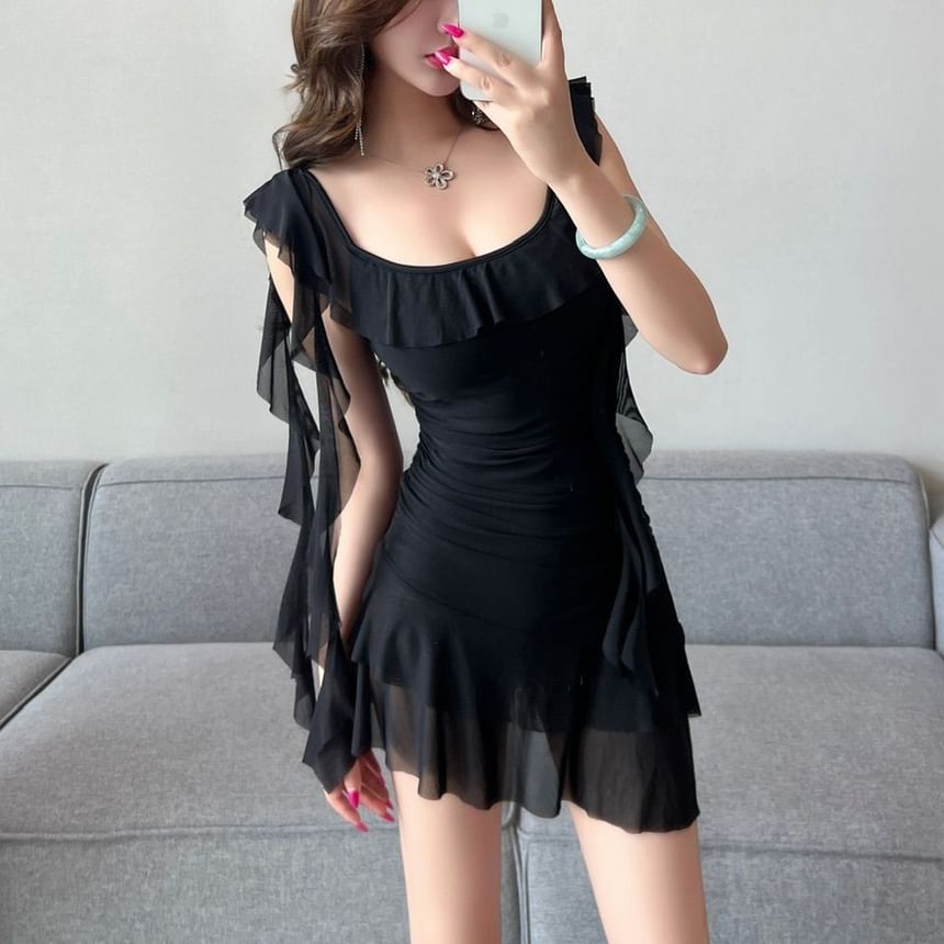 Neckline Mini Dress Sleeve Ruffle Butterfly