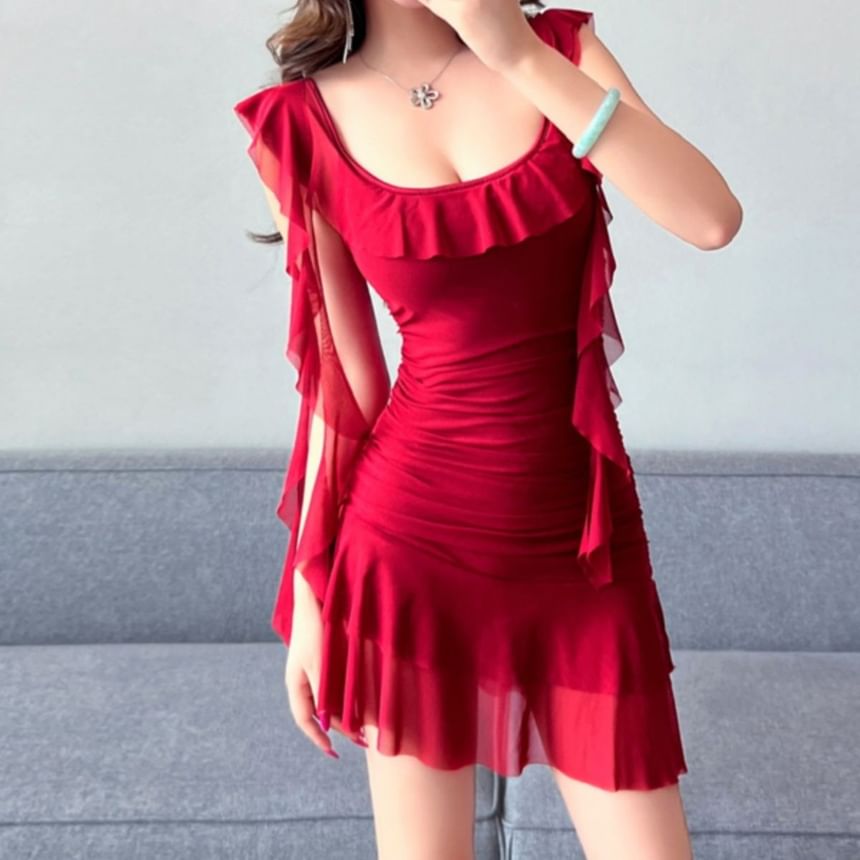 Neckline Mini Dress Sleeve Ruffle Butterfly