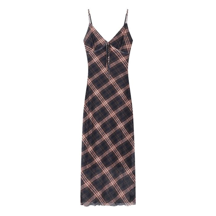 V-Neck Sleeveless Plaid Print Maxi Dress