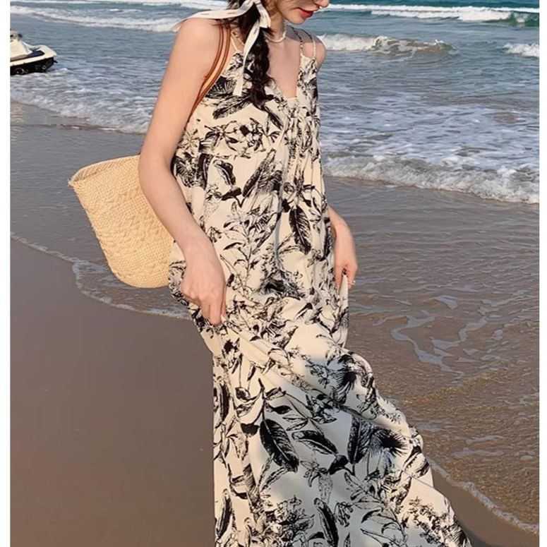 Dress Maxi V-Neck Spaghetti Floral Strap Print